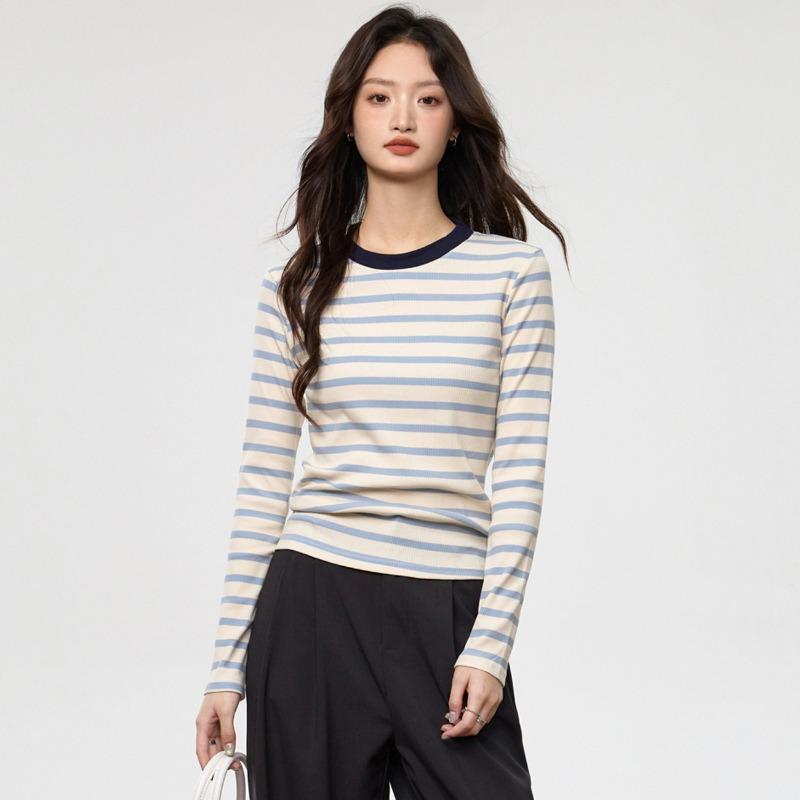 Contrast Color Striped Round Neck Long Sleeve T-Shirt Women's New Autumn Winter Slim Fit Bottoming Top