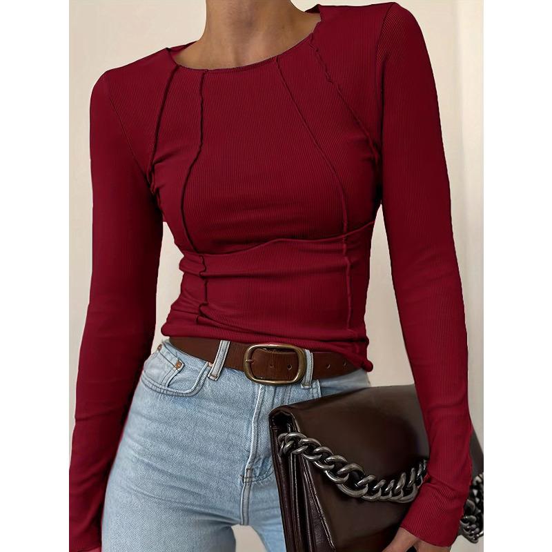 

Однотонная футболка с длинным рукавом и круглым вырезом, новый топ для женщин, весна и осень XL бордовый