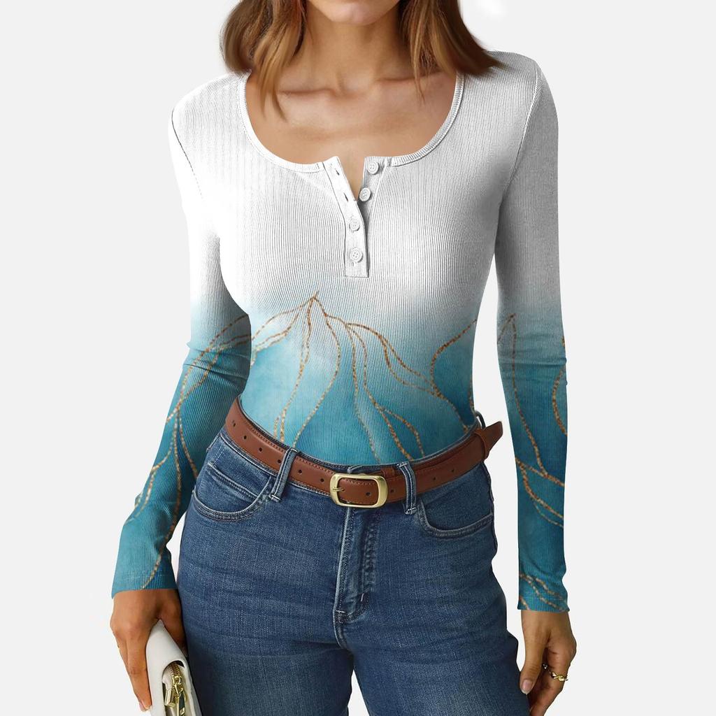 Women's Slim Bottom T-shirt Fashion Casual Gradient Printing Round Neck Pullover Long Sleeve Top