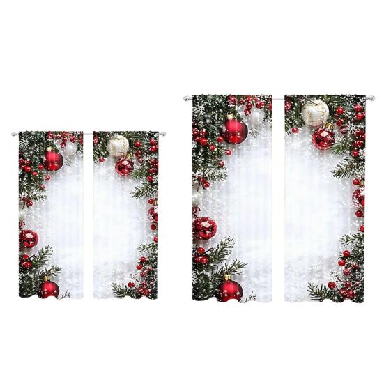 2 Panels Christmas Curtains 2D Flat Printed Balls Curtain with Snowflakes And Pine Branches Holiday Window Drapes Decoration for Living Room Decor