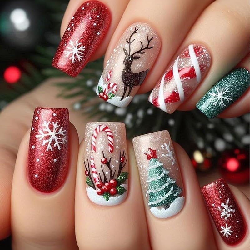 Snowflake Press on Nails Christmas Long Square Fake Nails Winter Snowman Acrylic Glue on Nail Glossy Xmas Stick on Nail for Women