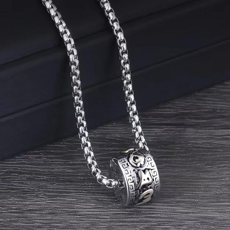 European and American Retro Six Character Auspicious Cloud Cylindrical Pendant, Trendy Titanium Steel Men's Necklace