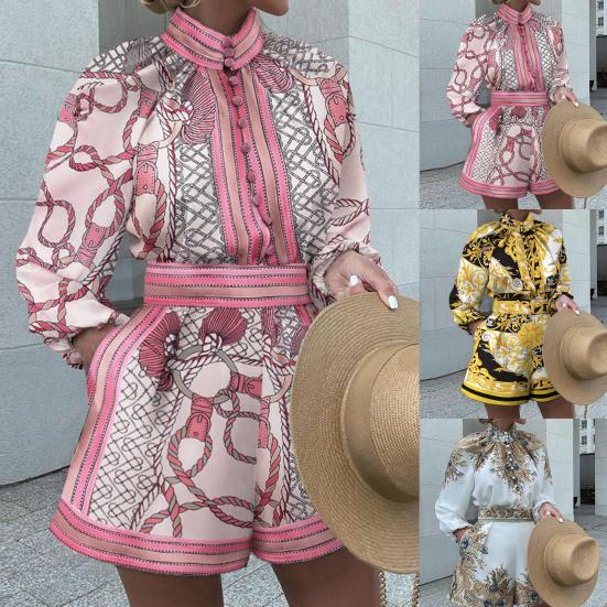 1 Set Women Shirt Shorts Set Vintage Pattern Print Turtleneck Two-piece Single Breasted Long Sleeve Top Pocket Shorts Office