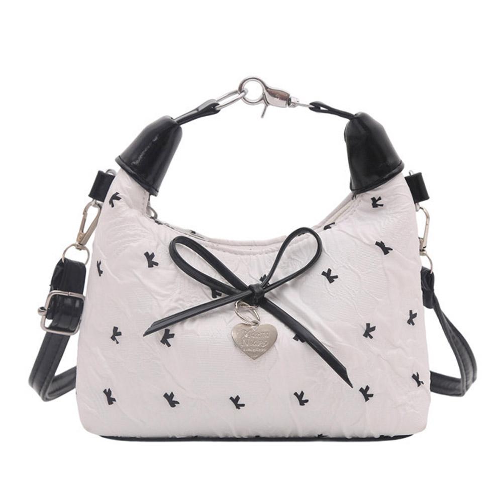 Bow Crossbody Bag for Women Sweet Fashion Print Metal Heart Pendant Hand-held Single Shoulder Bag Commute Handbag Underarm Pouch