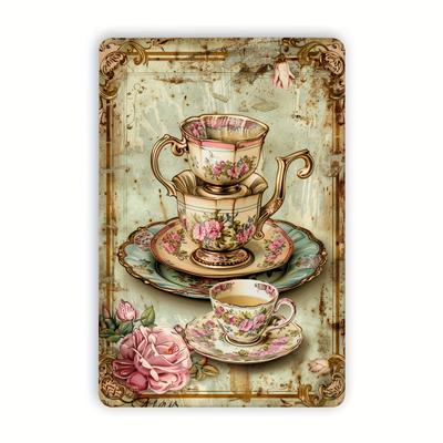 Tasses à thé florales vintage Plaque en métal - Parfait pour les salons de thé et les cafés, Décor classique, 20,32x30,48 cm