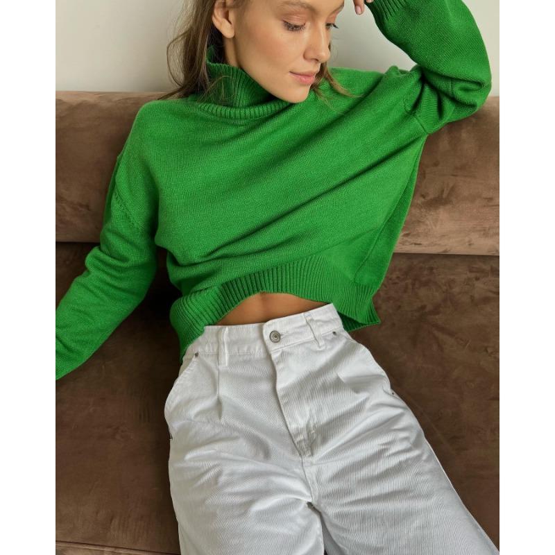 Women Trendy Oversized Solid Color Knitted Sweater Long Sleeve Vintage Casual Jumpers Turtleneck Pullover