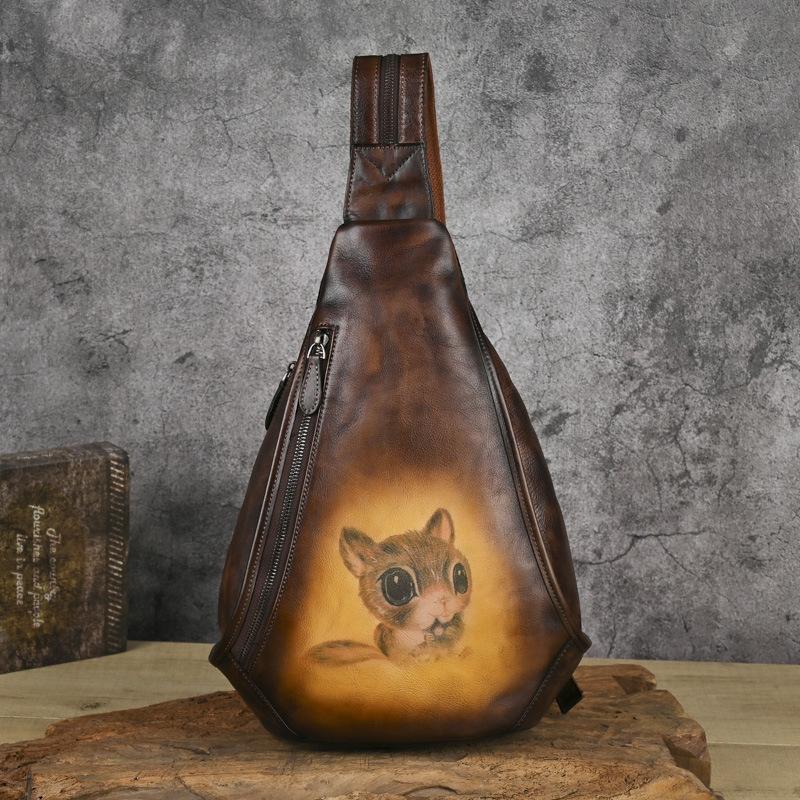 Johnature Retro Animal Printed Chest Bag Genuine Leather Handmade Cowhide Backpack Versatile Women's Crossbody Bags