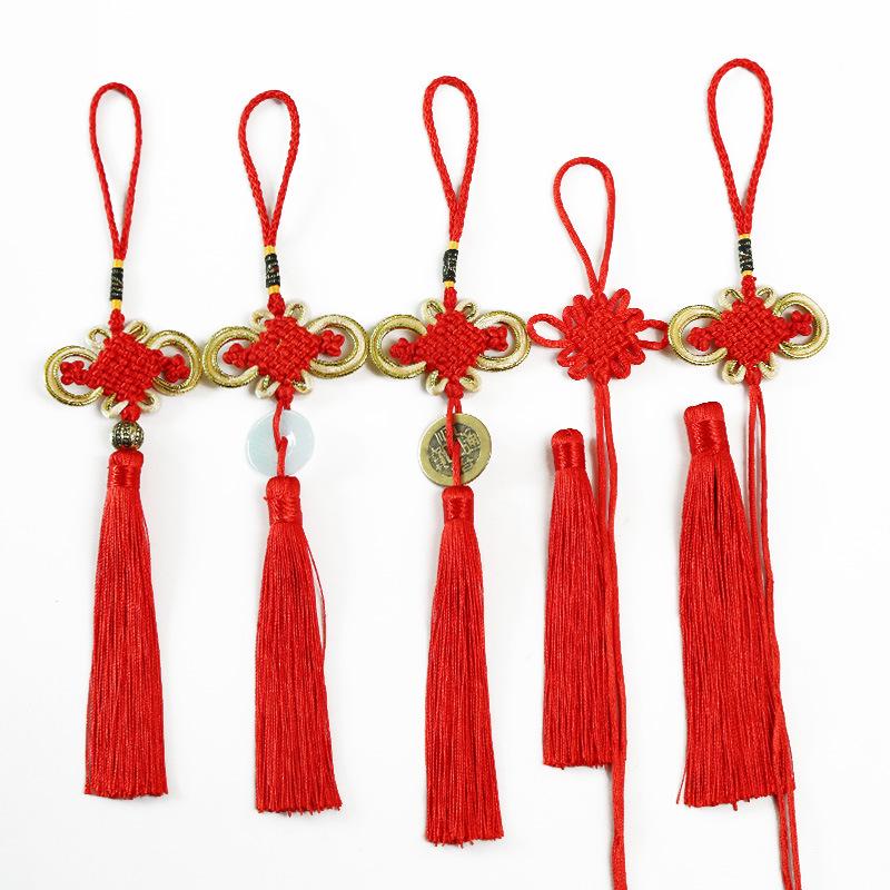 Small Red 'Fu' Chinese Knot Pendant for New Home Decoration - Green Plant Hanging Ornament with Festive Tassel