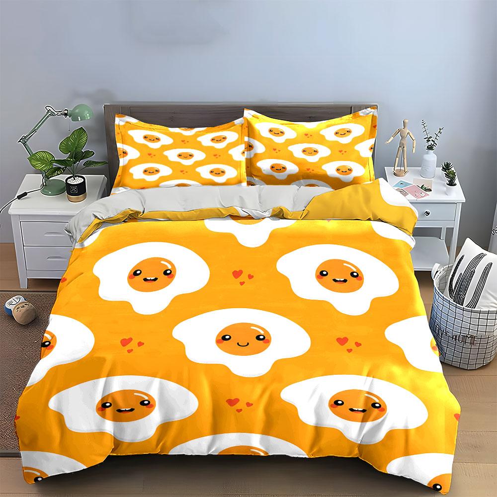 Cute Egg-Themed Set for Kitchen Decor Kid's and Adults' Bedroom Decor, Exquisite Three-piece Bedding Set Gift