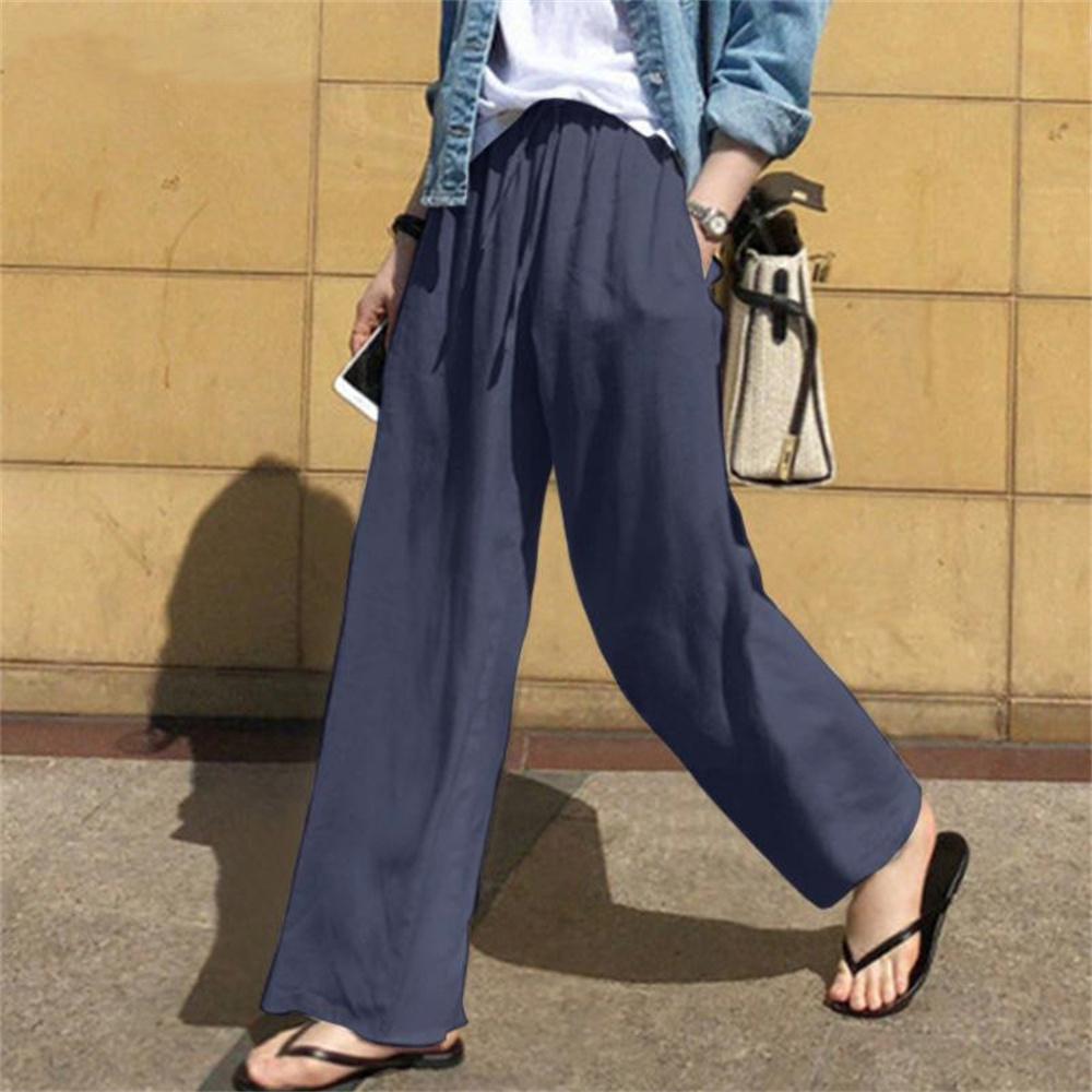 Spring Autumn Women's Wide Leg Pants Plus Size High Waist Solid Color Loose Cotton Linen Pants