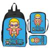 Set Zaino 3 Pezzi Stampato One Piece Cartone Animato Pirata Blu Marinaio Zaino Scuola Elementare Grande Capacità Resistente all'Acqua Zaino per Bambini