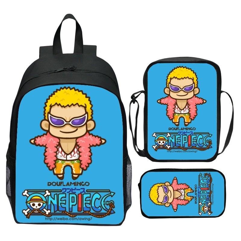 Set Zaino 3 Pezzi Stampato One Piece Cartone Animato Pirata Blu Marinaio Zaino Scuola Elementare Grande Capacità Resistente all'Acqua Zaino per Bambini