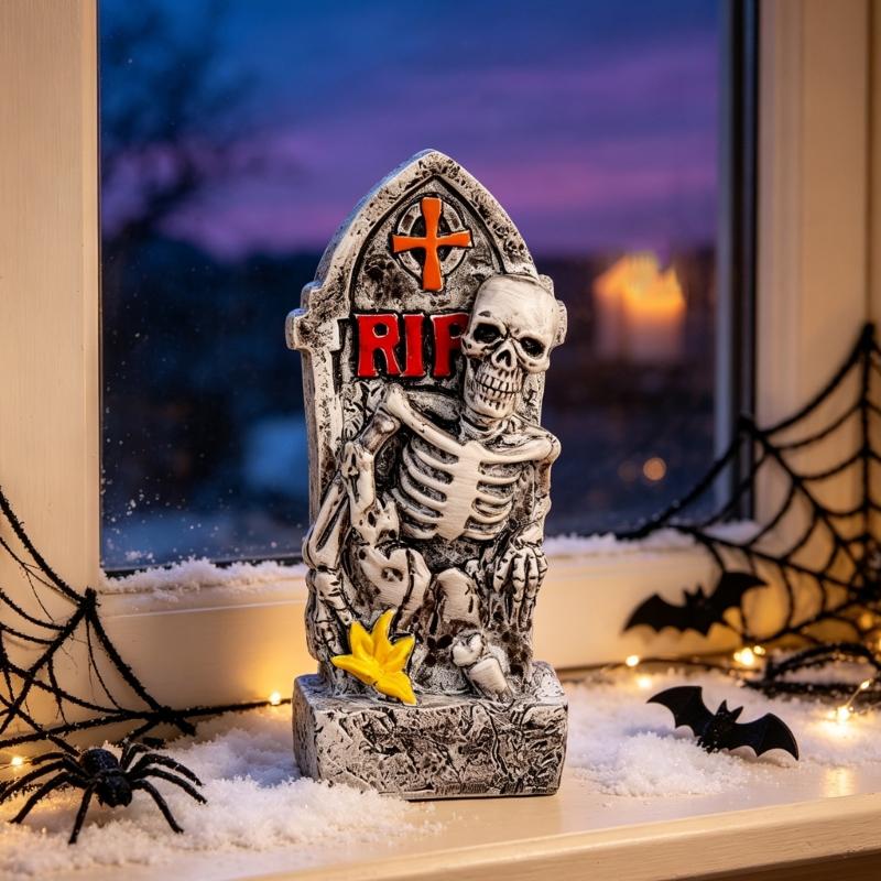 Shelf Ready Halloween Grave Marker Item, Resin Bone Figure Accent for Entry Table Styling and Event Display Use
