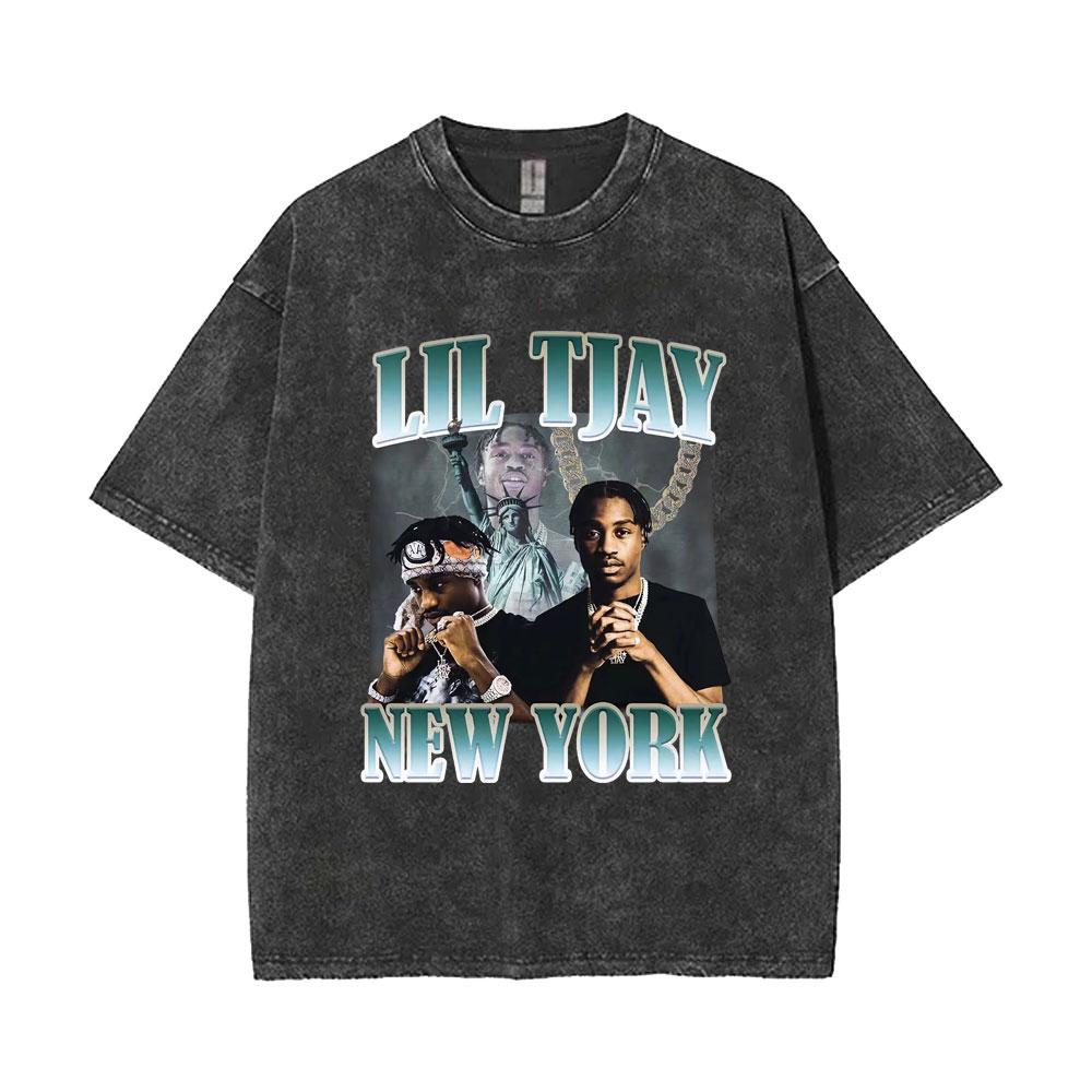 Washed Vintage Rapper Lil Tjay Face Graphic Tshirt Destined Win Tshirts Men Women Hip Hop Fashion High Quality T Shirts Tops