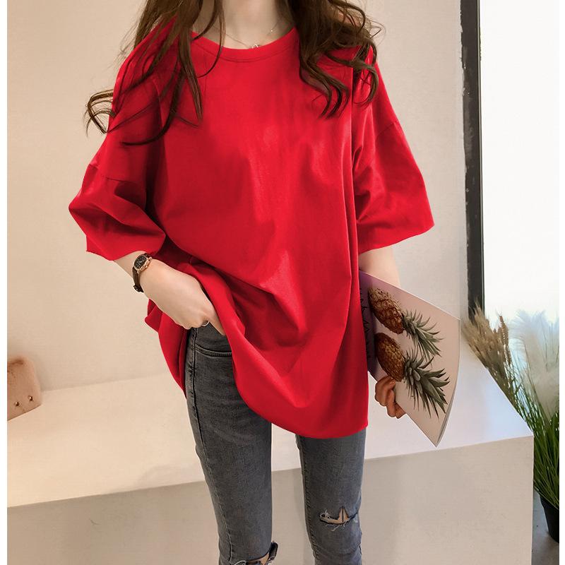 Large size T-shirt cartoon printing loose short-sleeved T-shirt women's medium and long outer wear loose solid color short-sleeved T-shirt women's top