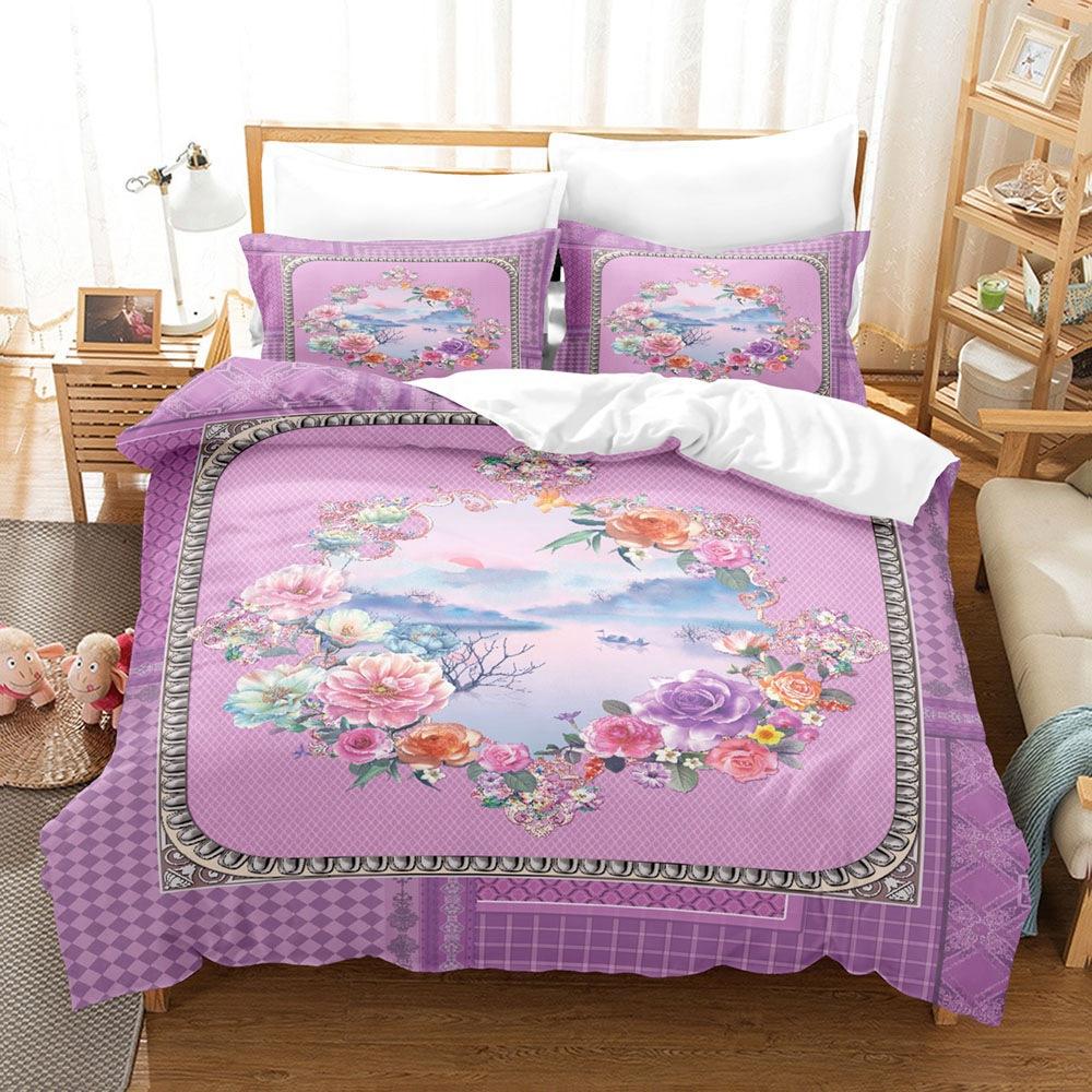 Vintage Court Print Bettbezug, Digitaldruck Blume Feder Dreiteiliges Set