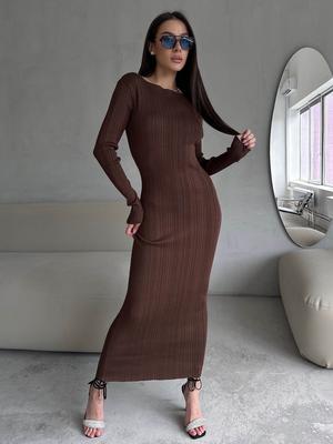 Long Sleeve Knit Dress for Women, Solid Color Crew Neck Hole Strip Slim Fit Plus Size Maxi Dress
