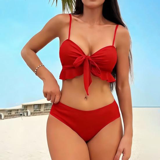 3Pcs/Set Swimsuit Set Bowknot Lace-up Ruffle Hem Sling Bra High Waist Swimming Trunks Side Drawstring Mesh Skirt Set Hot Spring Pool Swimwear
