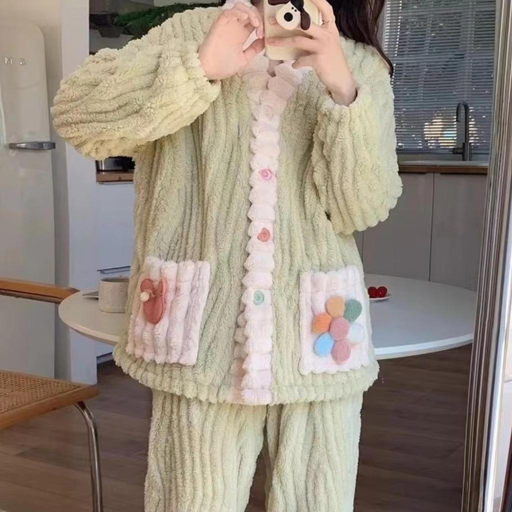 Thickened Warm Flannel Women Sleepwear Loungewear Cardigan Suit Winter Sweet Kawaii Soft Fairy Wind Ladies Pajamas Homewear
