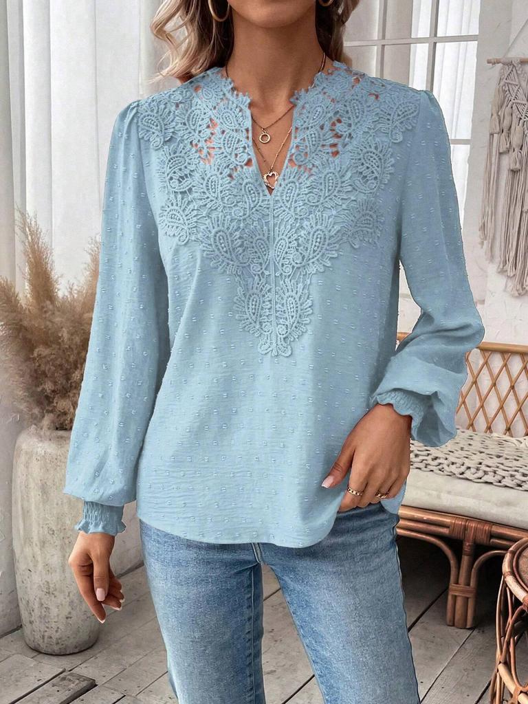 2026 Europe Autumn/Winter V-neck Lace Solid Color Long Sleeve Casual Women's Top