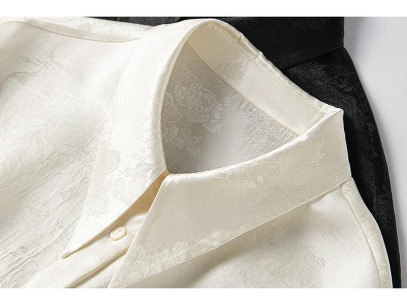 Camicia da Donna in Acetato Jacquard Primaverile: Stile Francese, Patchwork di Seta, Manica Lunga, Vestibilità Ampia, Lunghezza Media.