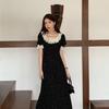 French Coffee Break Lace Lotus Leaf Collar Sweet Floral Dress Summer New Age-reducing Black Short-sleeved Medium and Long Dress