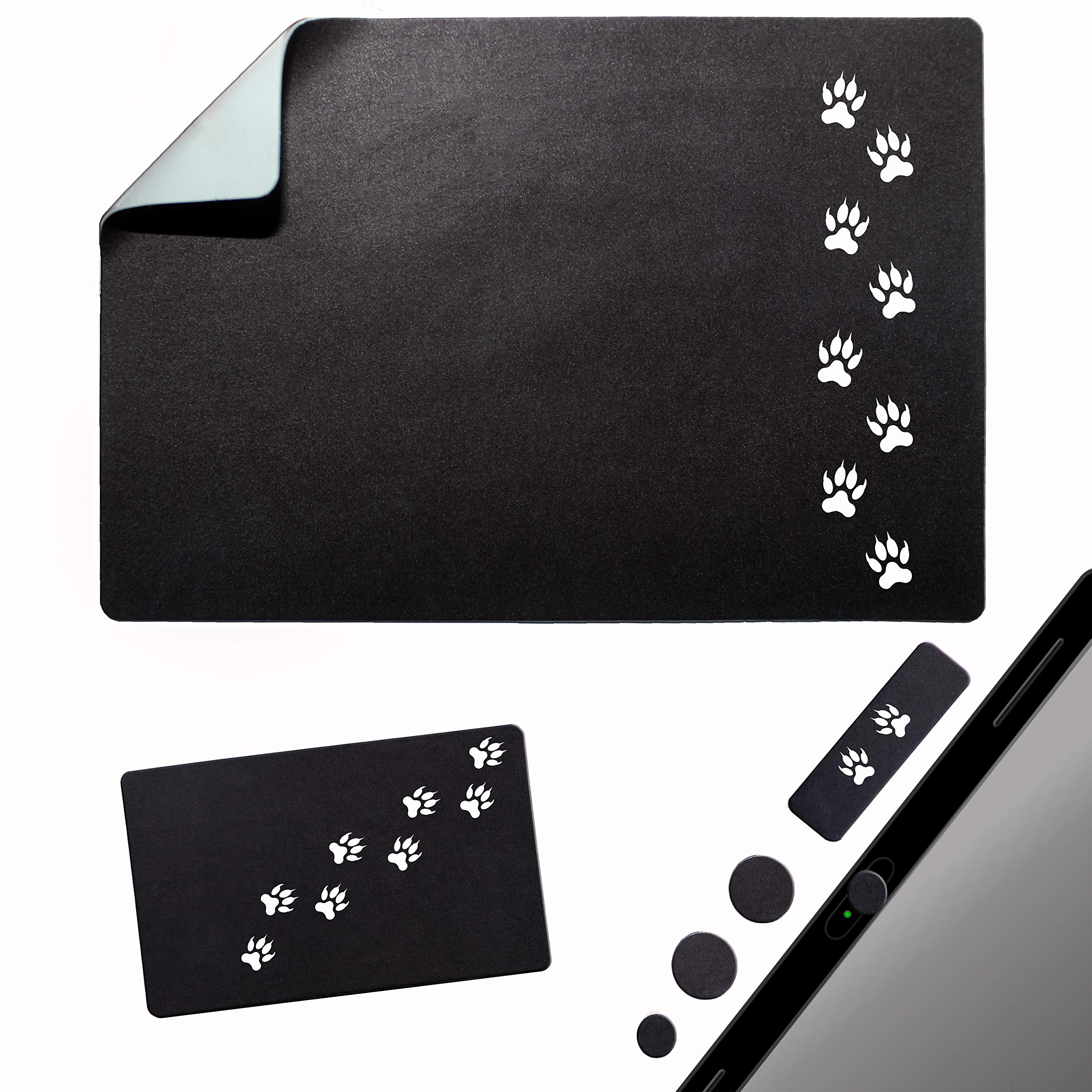 

Mousepad with adhesive base attaches to any surface portable includes webcam cover and screen - - - cleaner.
