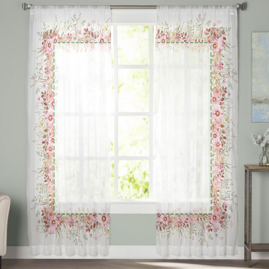 Spring Flower Eucalyptus Leaf Plant Sheer Voile Curtains For Living Room Bedroom Kids Room Decor Tulle Window Treatment Drapes
