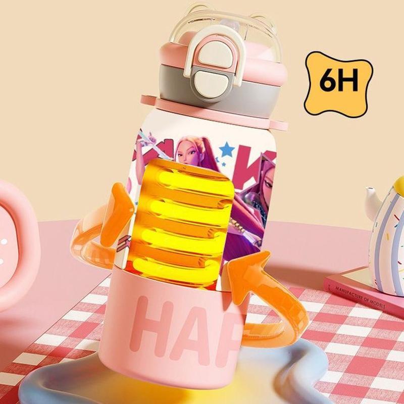 Kpop demonjägare Vattenflaska Dubbla lock med Sugrör och Rem 500ml, 316 Rostfritt Stål, Läckagesäker Anti-Mislock