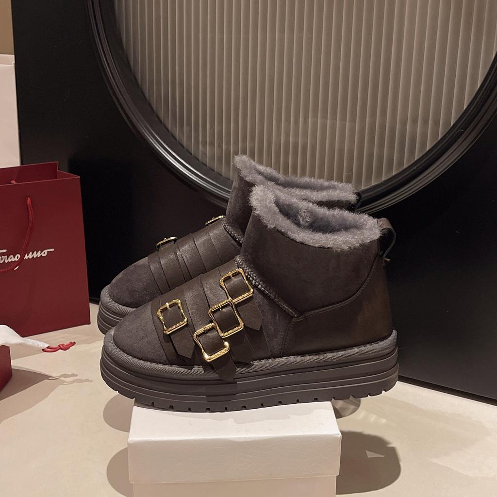 Women's Large Size Belt Buckle Soft Sole Winter Warm Fur Snow Boots Padded Lined Ankle Boots Non-Slip Hiking Casual Sports Cotton Boots