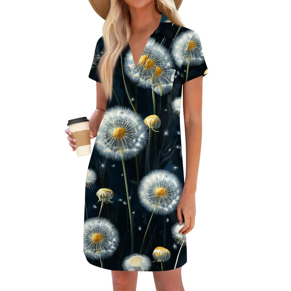 Women's Fashion Casual Loose Printed V-Neck Small Pocket Short Sleeve T-Shirt Dresses