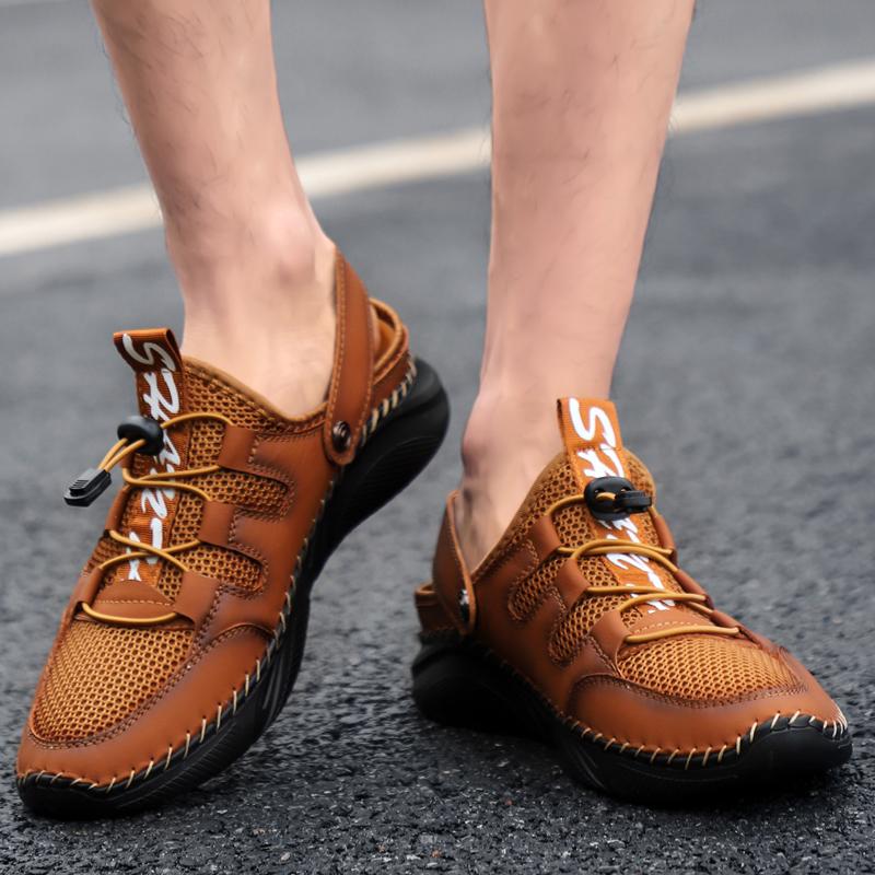 Fashion Summer Mens Sandals Leather Mesh Beach Outdoor Water Breathable Comfortable Slipper Rubber Classic  Non-slip Big Size38-48