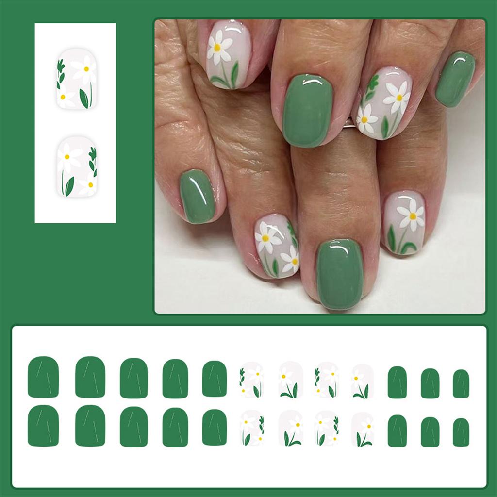 24 Pcs Flowers False Nail Light Green Artificial Nail Glossy Full Cover Stick on Nail Short Square Press On Nail