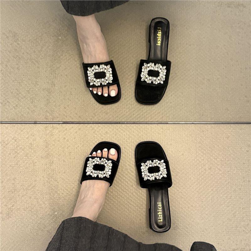 Beautiful Thick Heel Rhinestone Square Buckle Open-toed Slippers Temperament One-word Slippers Women Wear Sandals Versatile Sandals In Summer Women