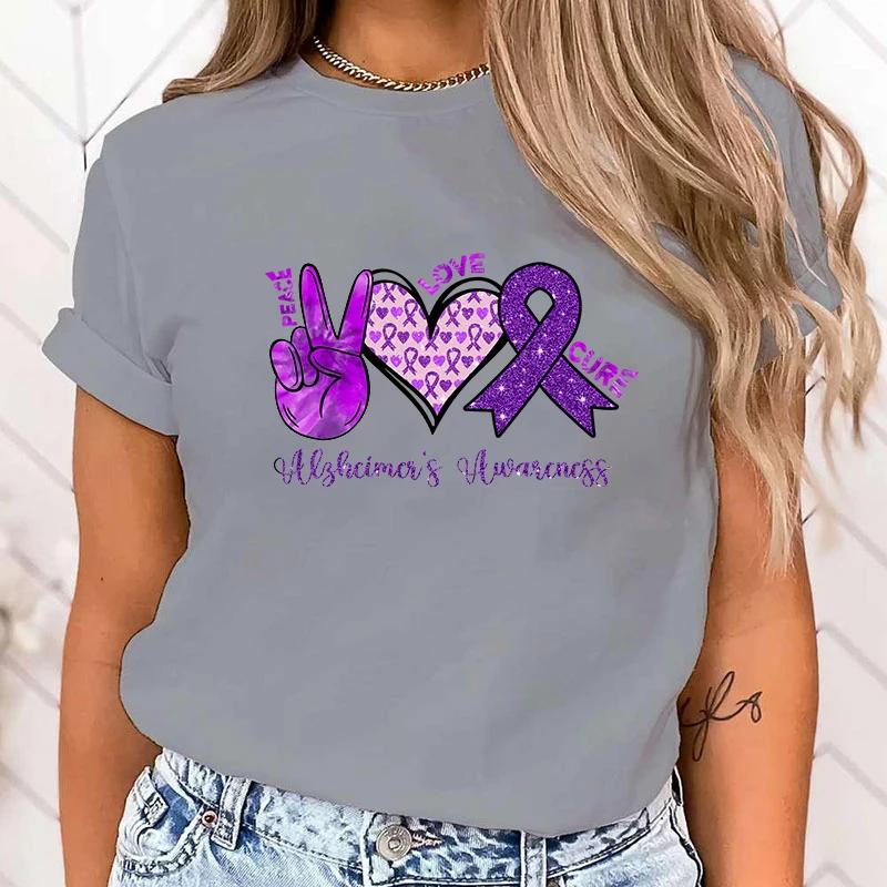 (High Quality T Shirt)New Hot Peace Love Cure Alzheimer'S Awareness T-Shirts Fashion Women Girls Summer Tee Shirt Casual T Shirt