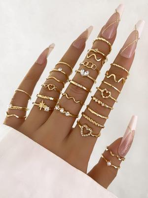 28er Mode Ring Set für Damen Herzförmiges Design Geometrisches Böhmisches Element Akzentring Tägliches Tragen Dating Party Schmuck 2026