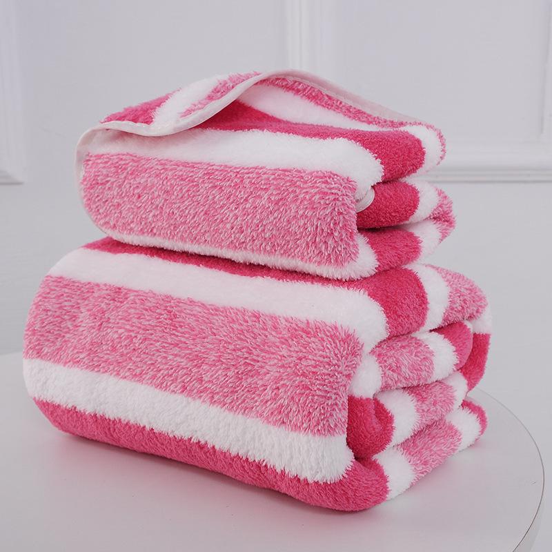 Extra Large Absorbent Coral Fleece Bath Towel with Wide Stripes