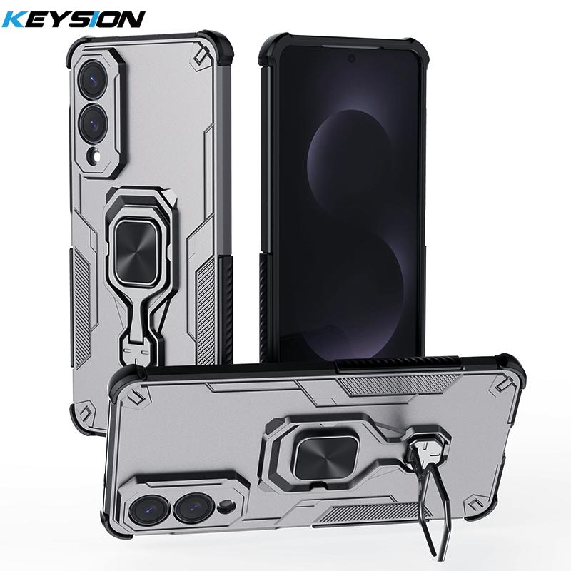 KEYSION Shockproof Case for Samsung S25 Edge 5G Soft Silicone+PC Upright Metal Ring Stand Phone Back Cover for Galaxy S25 Edge