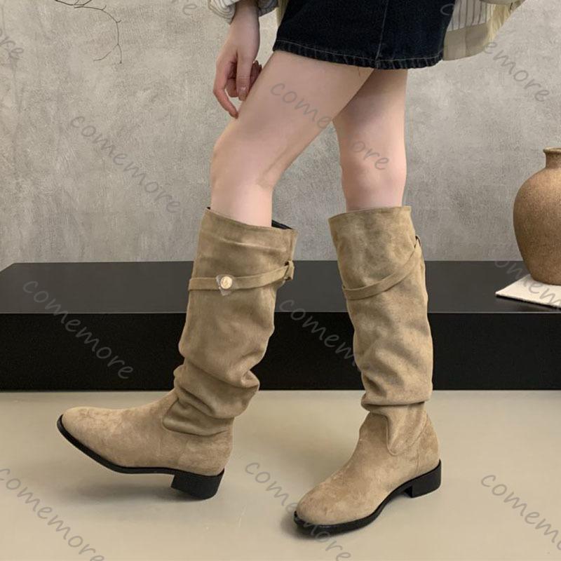 Fashion Comemore Suede Knight Boots Women 2025 New Autumn Retro Pleated Fashion Chunky Heeled Shoes for Women Solid Long Botas Femininas