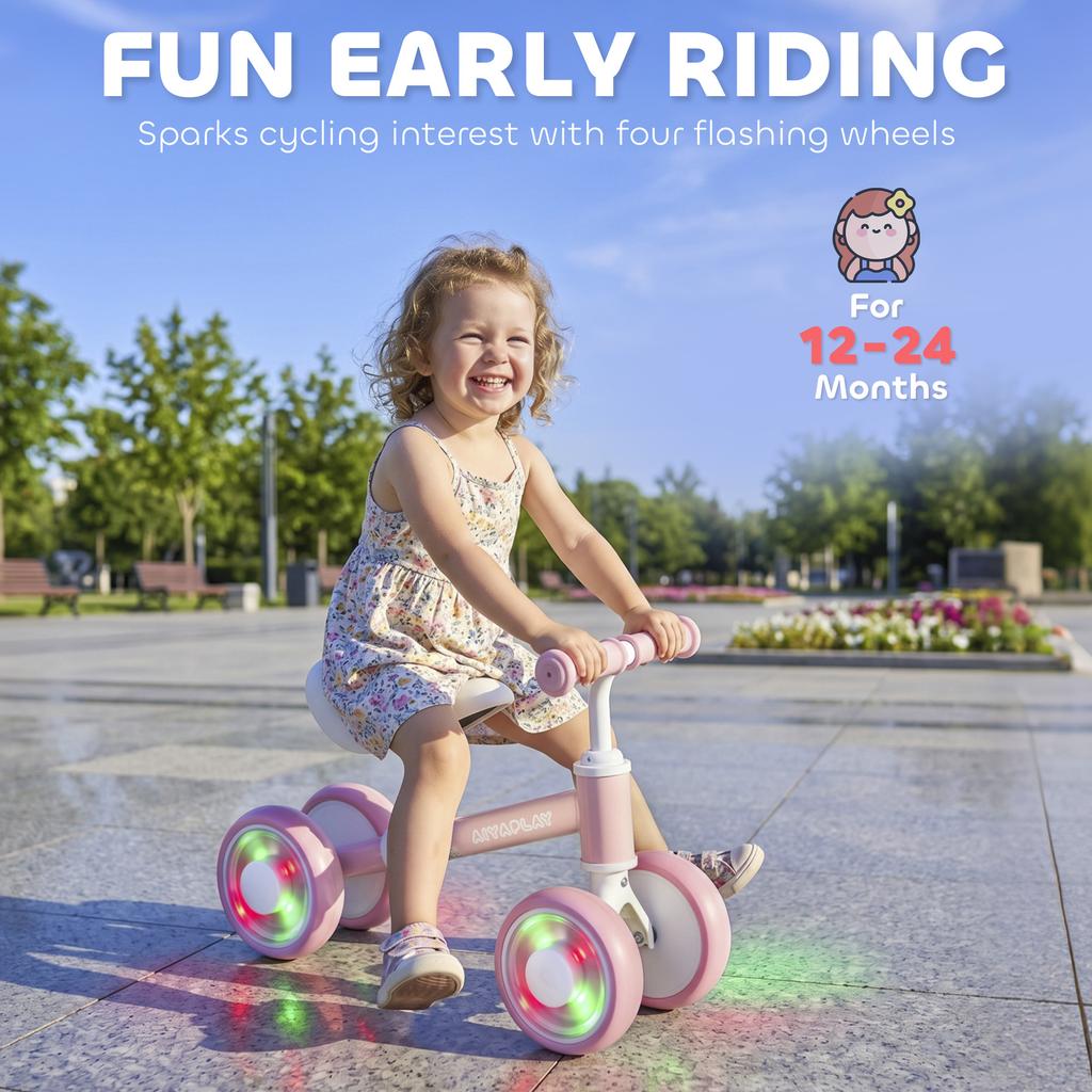 Baby Balance Bike for 1-2 Years Old, Light-up Toddler Balance Bike with Adjustable Seat, 4 Silent EVA Wheels, Pink