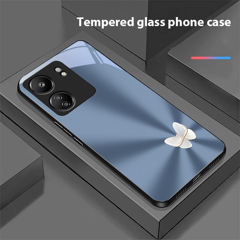 Gradient White Butterfly For Xiaomi Redmi 13C Note13 12 Pro Plus 5G Note 9 13T Pro POCO X6 F5 F6 Black Tempered Glass Phone Case