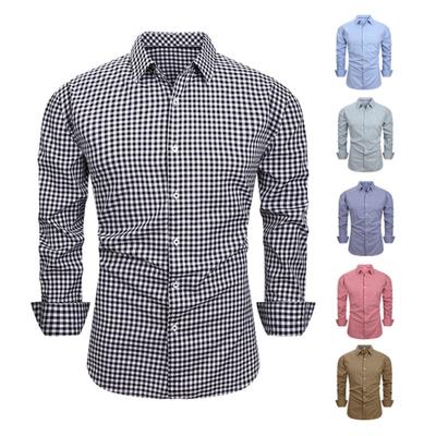 Camisa de Hombre a Cuadros con Botones Manga Larga Solapa Formal Camisa Ajustada Casual