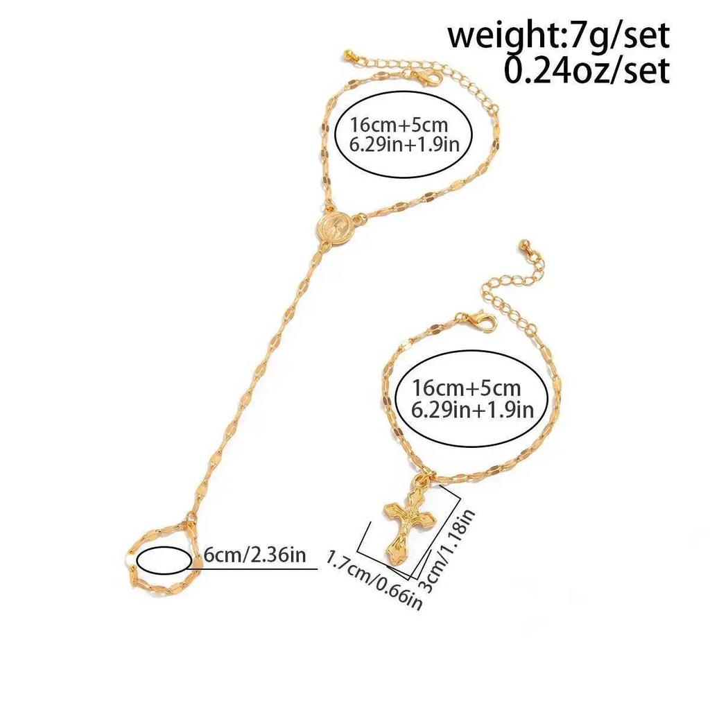 IngeSight.Z 2 Stück/Set Trend Kreuz Anhänger Fingerringe Kettenarmbänder Damen Boho Elegant Doppellagige Armreifen Charms Schmuck Geschenke