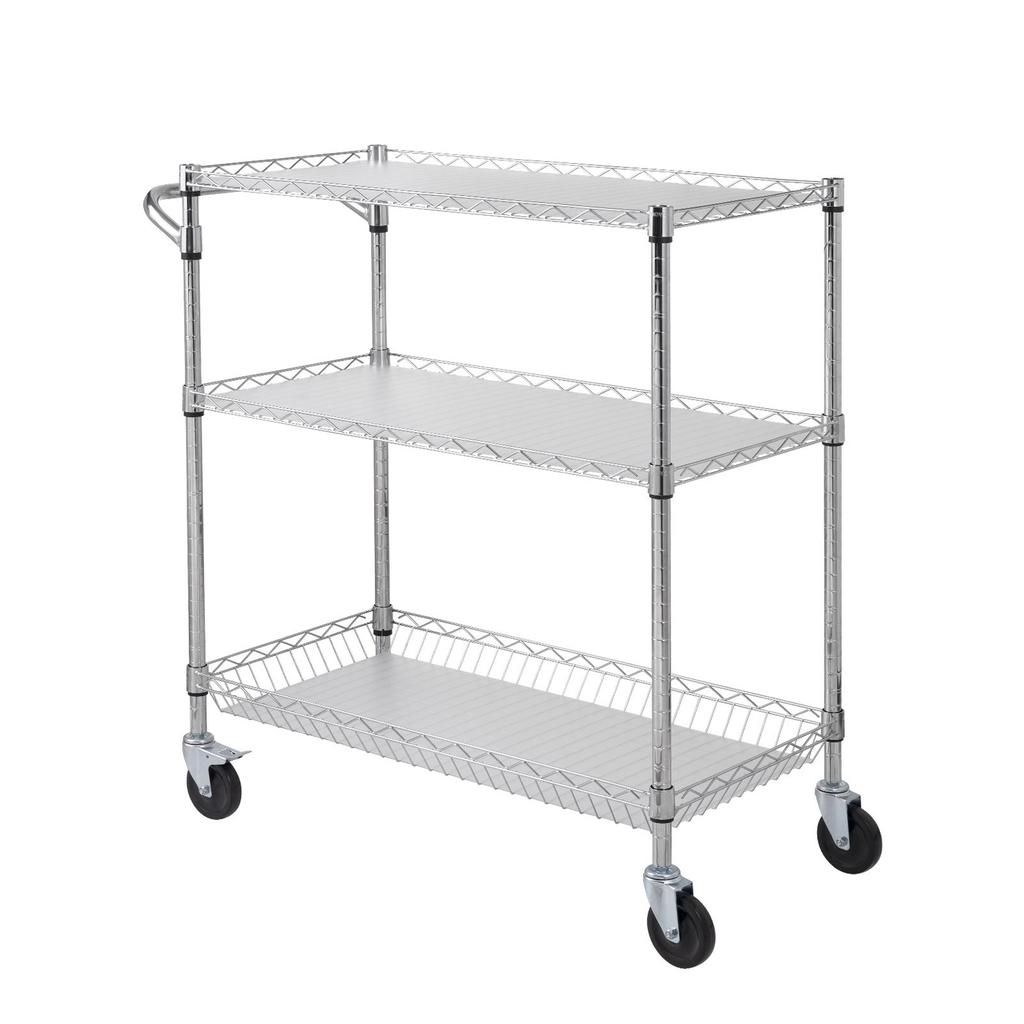 Kitchen Utility Cart, 3 Tiers, Wire Rolling Cart with 661LBS Capacity, Steel Service Cart on Wheels, Metal Storage Trolley with 80mm Basket Curved