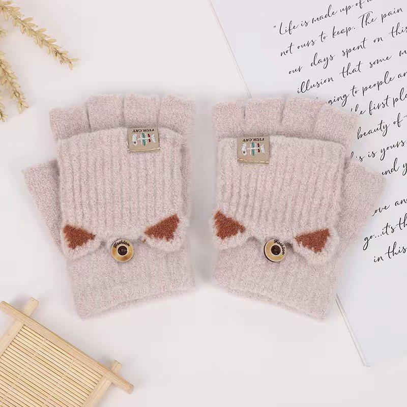 Winter Warm and Cute Cartoon Plush Half-finger Flip-top Student Writing Children's Cold-proof Knitted Gloves for Men and Women