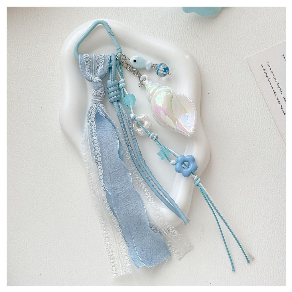 Cute Ocean Conch Light Blue Lace Ribbon Bag Charm Flower Bead Fish Pendant Carabiner Beach Key Accessories Bag Charm
