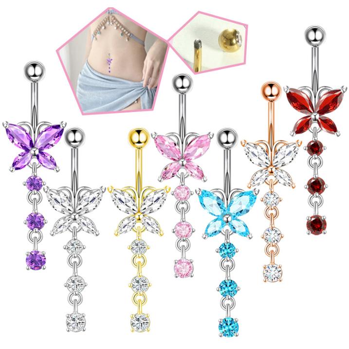 Damen Edelstahl Sexy Strand Schmetterling Zirkon Anhänger Perforierte Bauchnabelringe 10mm Vergoldet Drittanbieter-Zertifiziert Trendig