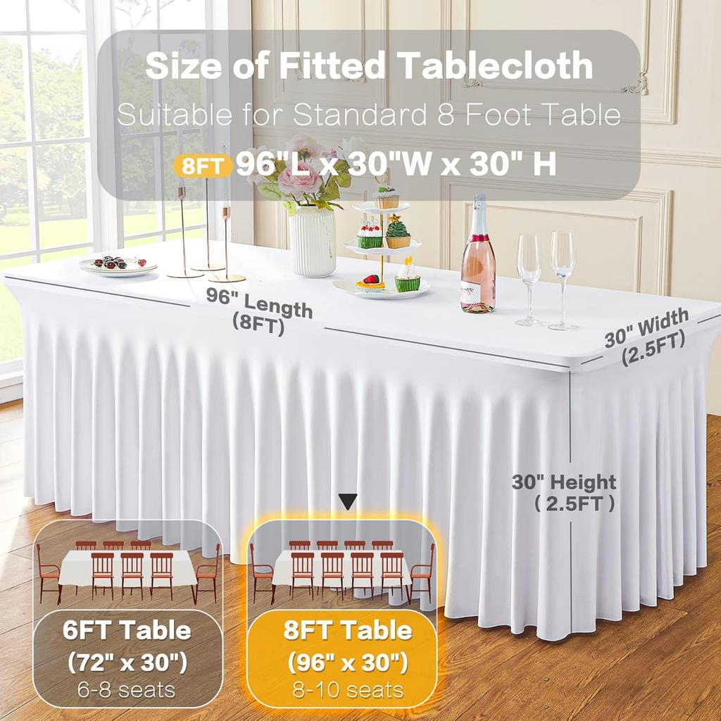 4/5/6/8Ft Spandex Tablecloth,Wrinkle Free Fitted Table Cloth Cover with Skirt for Parties Weddings Birthday Banquet Baby Shower