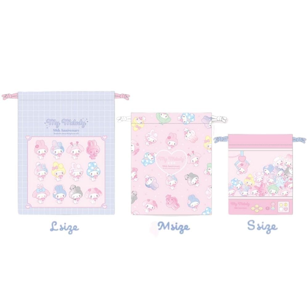 Marimo Craft Sanrio My Melody 50. Rocznica Girly Pop Heart Zestaw 3 sztuk Torby ze sznurkiem, [L] Ok.. S180 x W230mm, [M] Ok.. S150 x W190mm, [S]