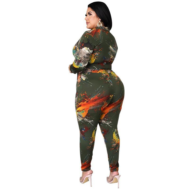 Womens Knit Printed Casual Two-Piece Set Long Sleeve Top Pants White Green 2025 Plus Size 1XL-5XL